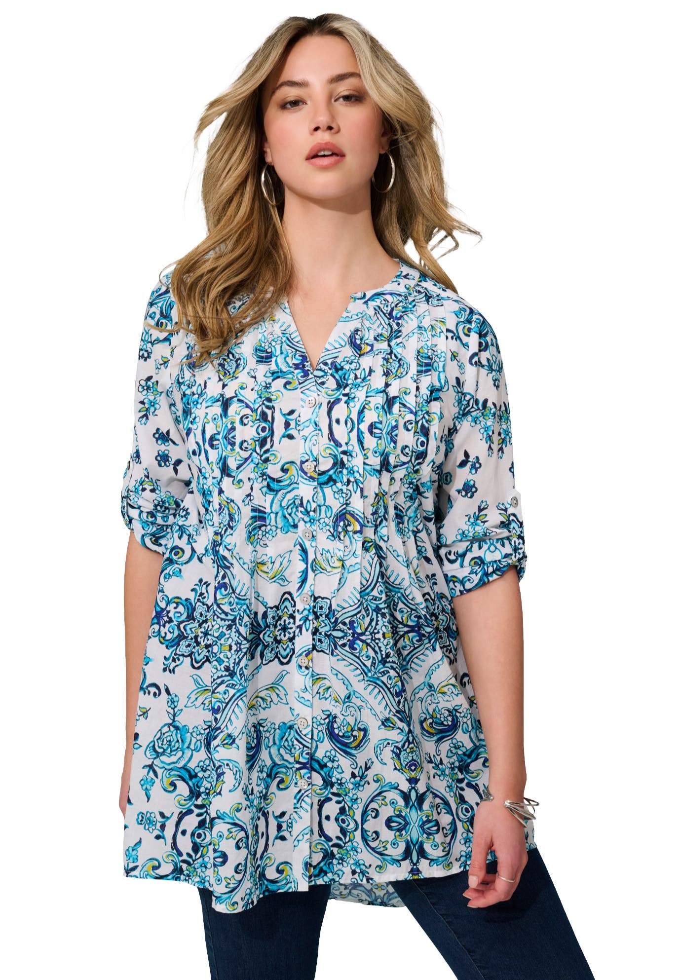 Pintuck Tunic Blouse Y-Neck & Roll-Tab Sleeves - image 5
