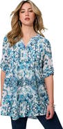 Roaman's Pintuck Tunic Blouse Y-Neck & Roll-Tab Sleeves