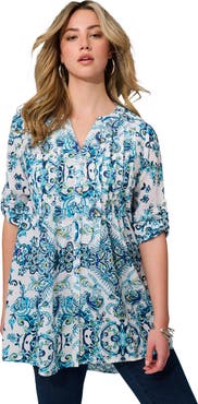 Roaman's Pintuck Tunic Blouse Y-Neck & Roll-Tab Sleeves