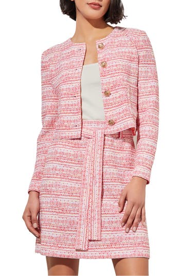 Shop Ming Wang Stripe Tweed Crop Jacket In Flamingo Pink