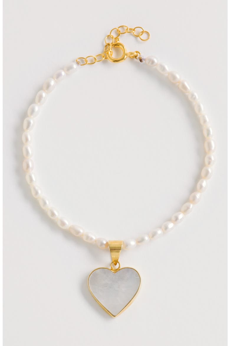 Rice Pearl Bracelet with Heart Charm, Alternate, color, Gold
