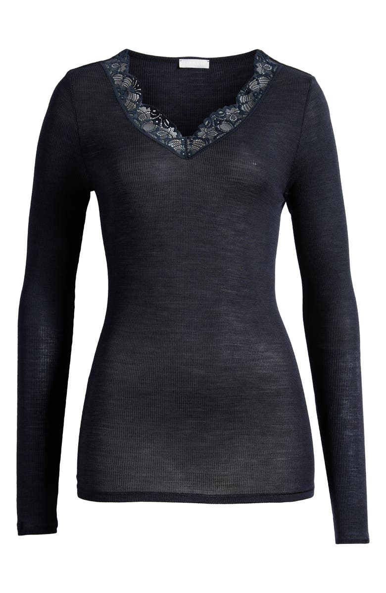 Hanro Lace Trim Merino Wool & Silk Pajama Top, Alternate, color, 