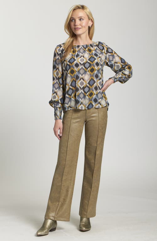 Apny Printed Smocked Cuff Top In Blue