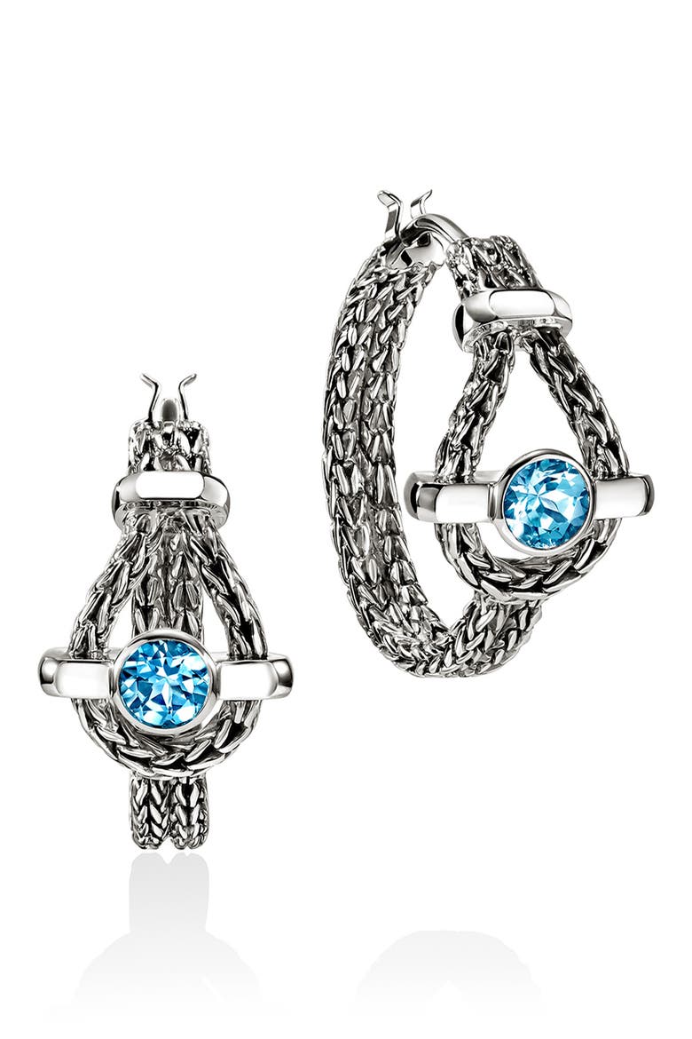 Icon Hoop Earrings, Sterling Silver, Swiss Blue Topaz, 22mm, Main, color, SILVER