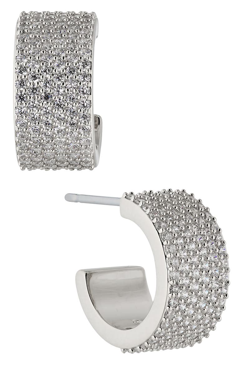 Disco Chunky Pavé Huggie Hoop Earrings, Main, color, RHODIUM
