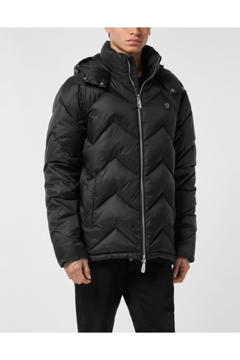 Nylon Short Puffer Jacket Zigzag Men, Main, color, black