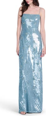EMILY SHALANT Beaded Floral Sequin Bias Cut Gown