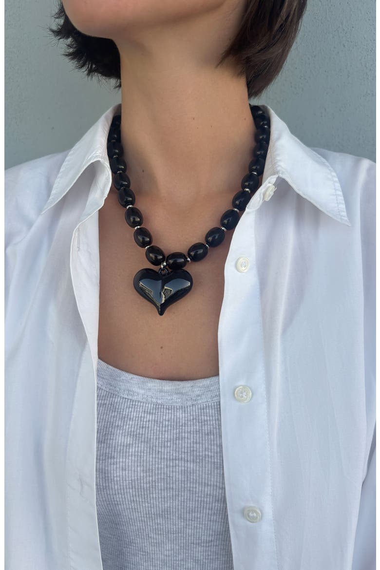 Puffy Heart Beaded Necklace, Alternate, color, BLACK