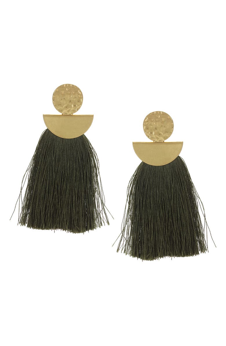 OLIVIA WELLES Hammered Tassel Drop Earrings, Main, color, Gold / Green