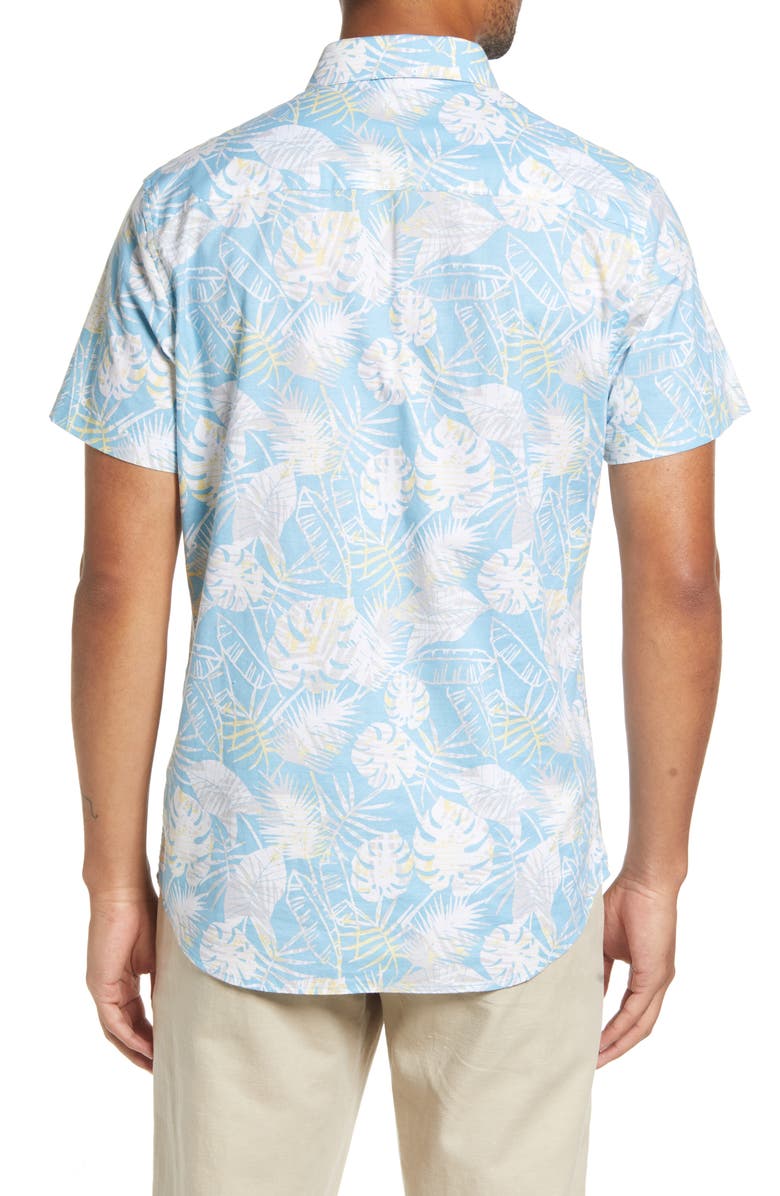 TravisMathew Men's Lift a Glass Leaf Print Stretch Short Sleeve Button-Up Shirt, Alternate, color,