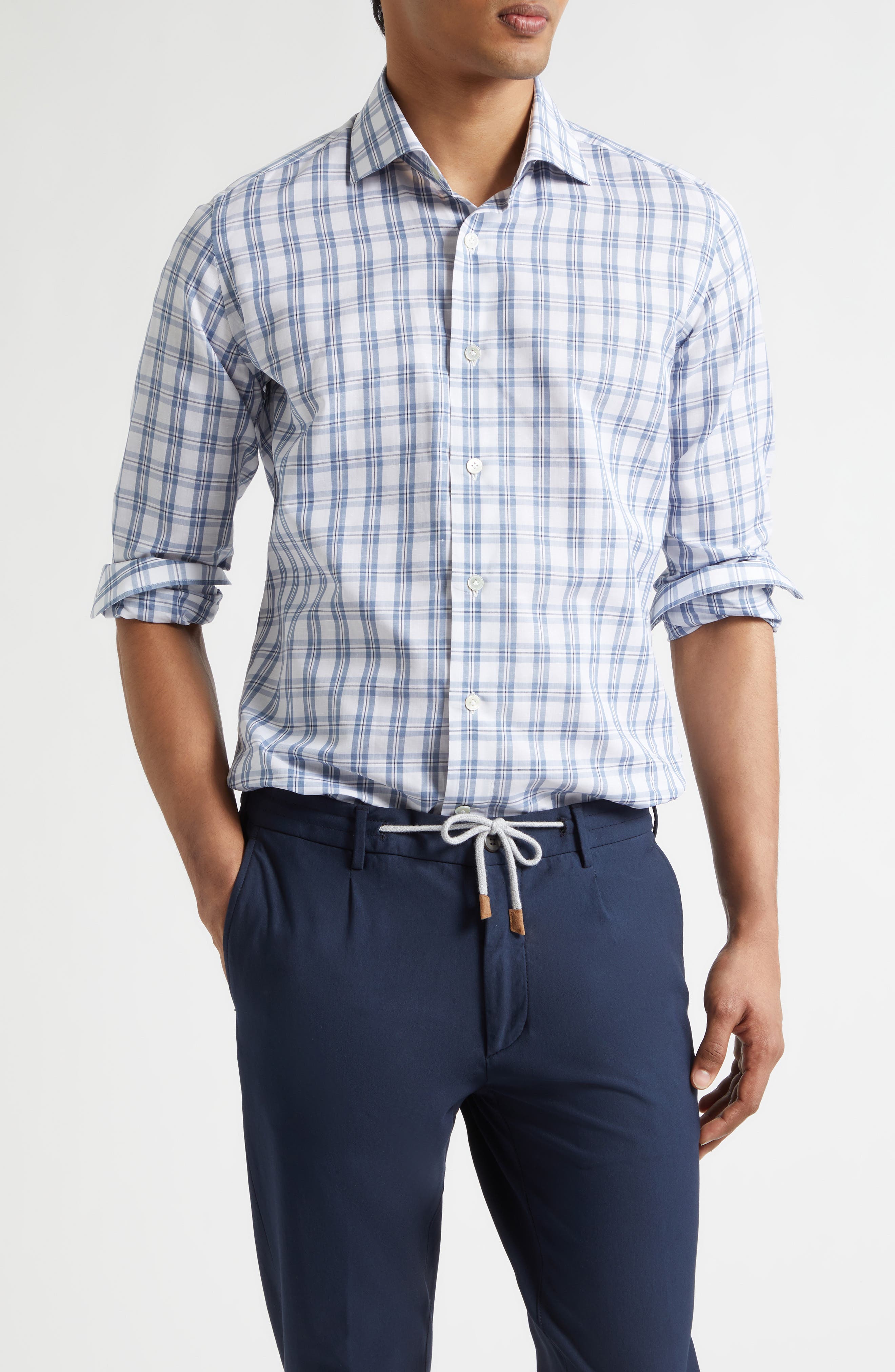 Dandy Collar Check Cotton & Linen Button-Up Shirt - image 3