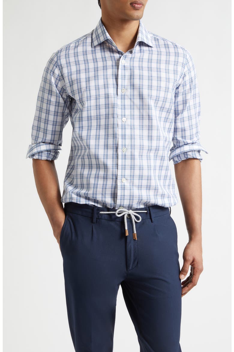 Dandy Collar Check Cotton & Linen Button-Up Shirt, Main, color, 08 DENIM