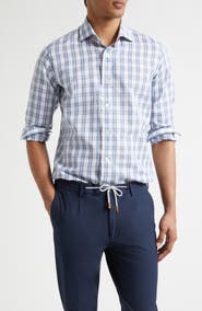 Eleventy Dandy Collar Check Cotton & Linen Button-Up Shirt