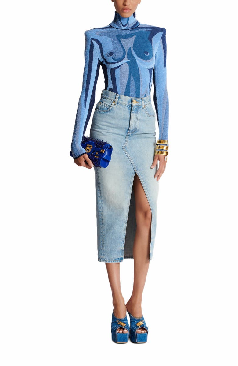 Balmain Denim Midi Skirt, Alternate, color, Blue