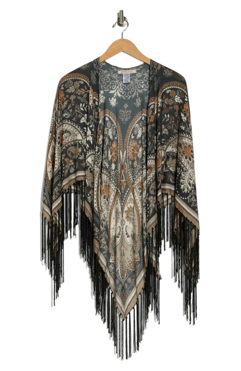 BCBG Floral Fringe Cape, Alternate, color, Black