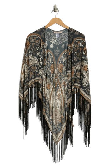 Bcbg Floral Fringe Cape In Black