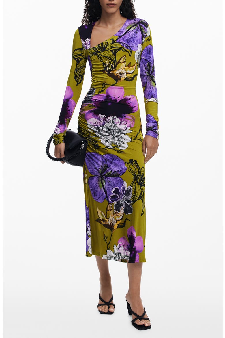 Floral Print Long Sleeve Midi Dress, Main, color, OLIVE GREEN