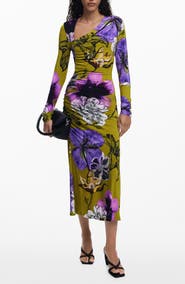 Desigual Floral Print Long Sleeve Midi Dress