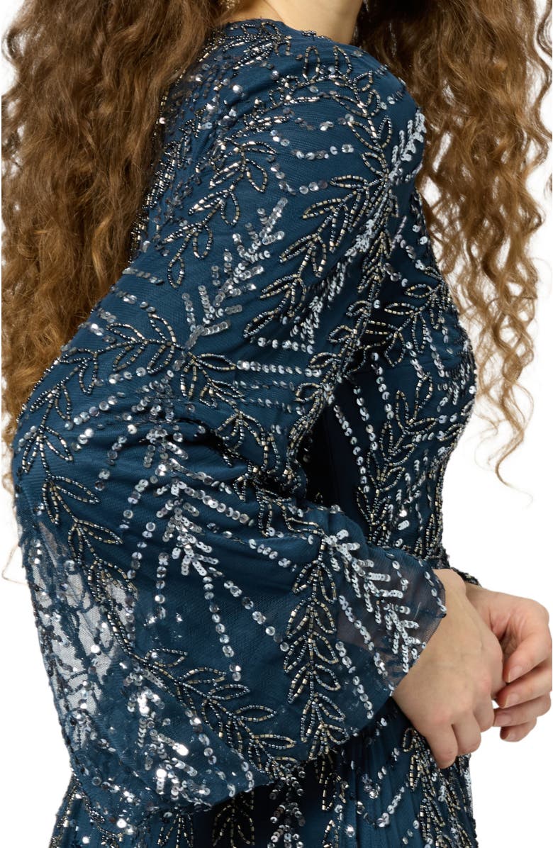 MARYISA Occasion Modest Embellished Sequin Beaded Floral Long Sleeves Evening Maxi Dress, Alternate, color, Navy