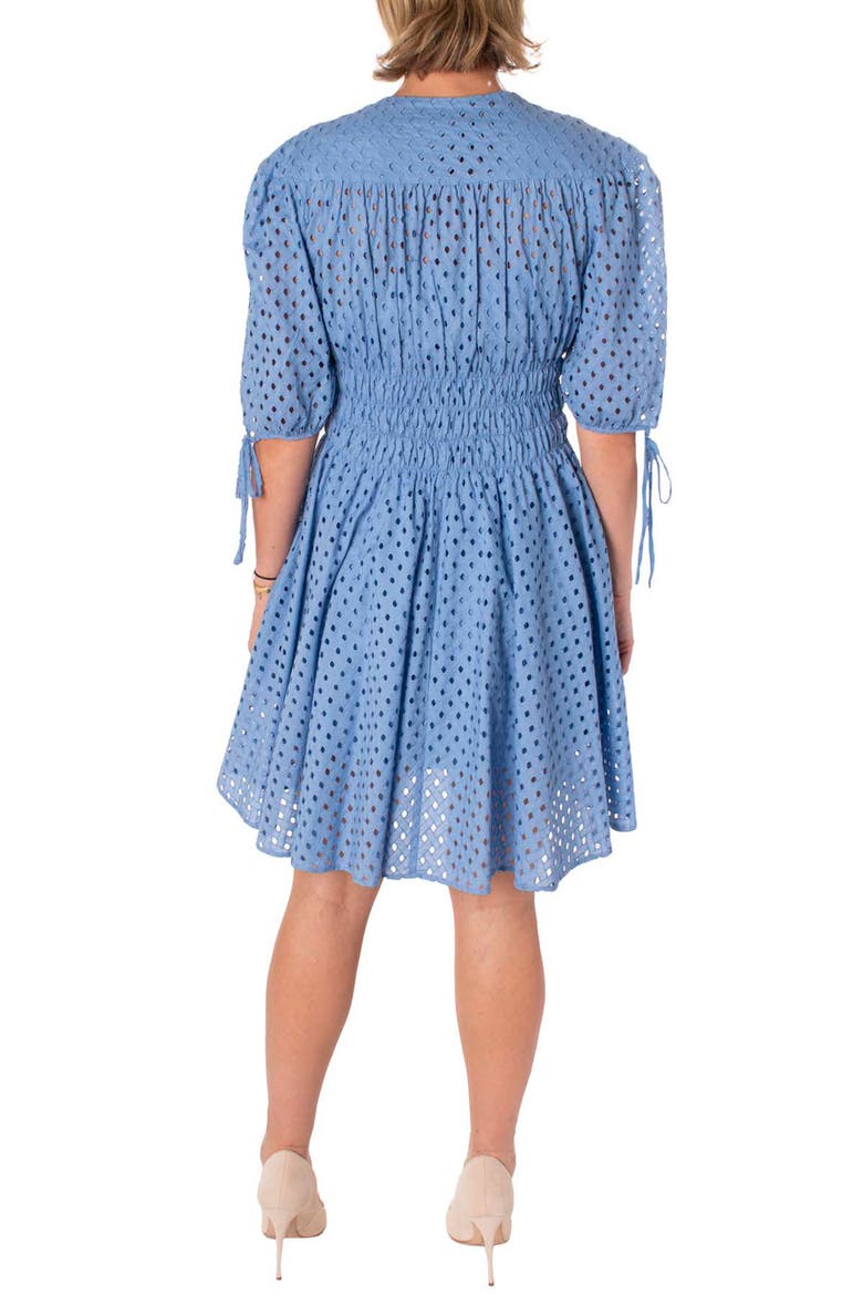 Eyelet Elbow Sleeve Smocked Fit & Flare Dress, Alternate, color, DENIM BLUE