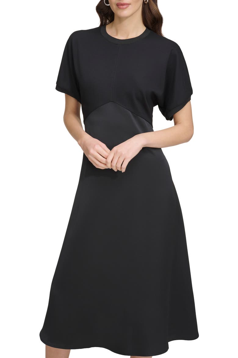 Scuba & Satin A-Line Midi Dress, Alternate, color, BLACK/ BLACK