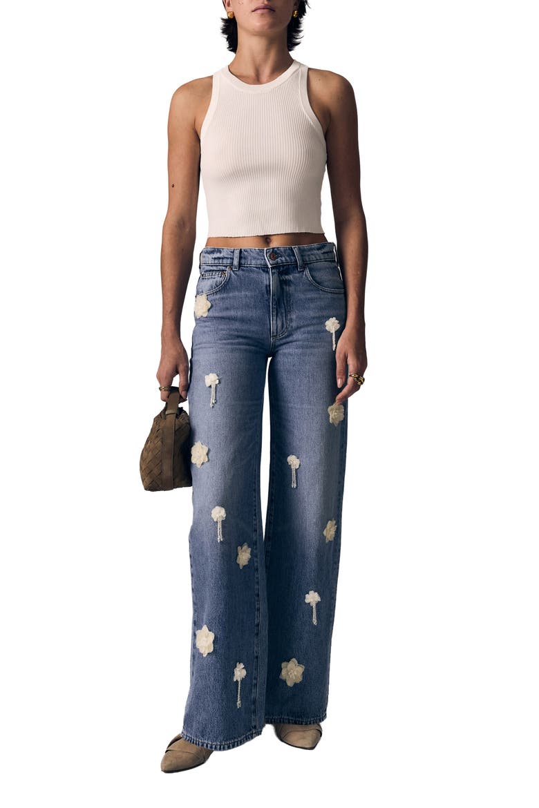 Nomad Flower Appliqué High Waist Wide Leg Jeans, Alternate, color, MOON FLOWER