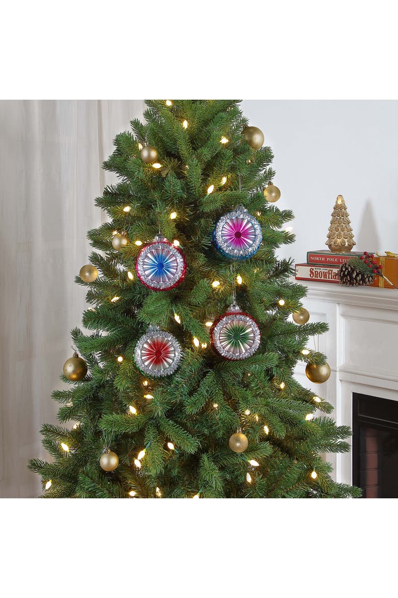 Set of 4 Reflective Ornaments with Tinsel, Alternate, color, Multicolored