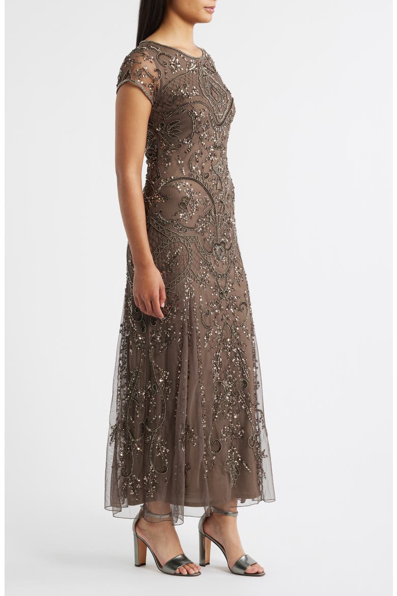 Beaded Mesh Midi Cocktail Dress, Alternate, color, DARK MOCHA 278