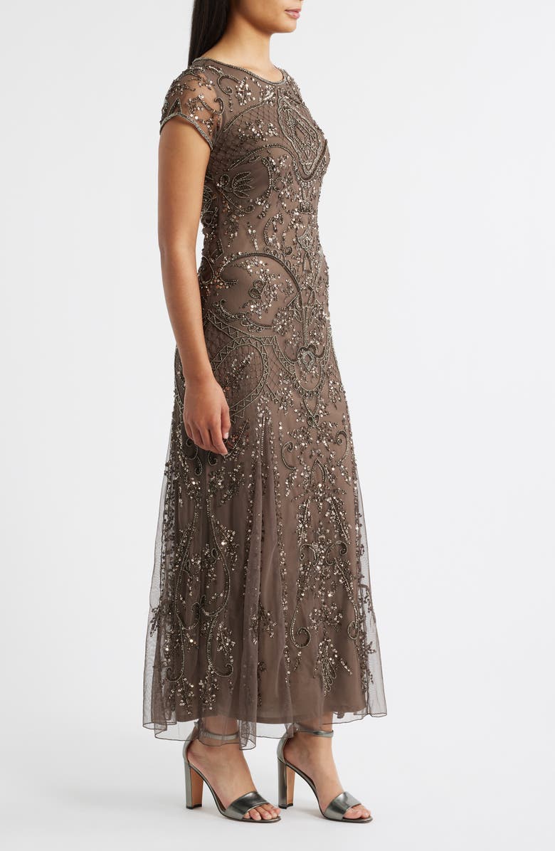 Pisarro Nights Beaded Mesh Midi Cocktail Dress, Alternate, color, Dark Mocha