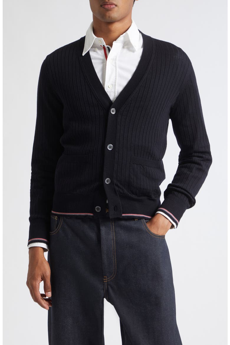 Rib Stitch Stretch Wool V-Neck Cardigan, Main, color, NAVY