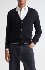 Thom Browne Rib Stitch Stretch Wool V-Neck Cardigan