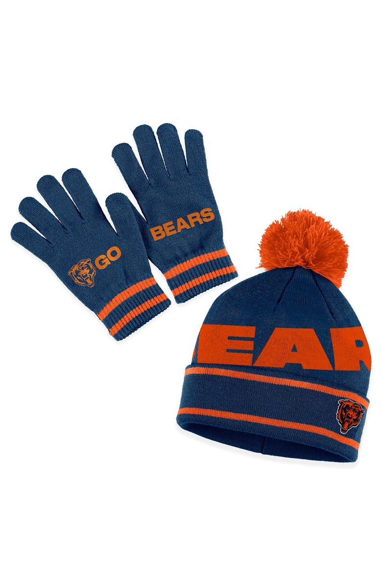 WEAR by Erin Andrews Women's WEAR by Erin Andrews  Navy Chicago Bears Double Jacquard Cuffed Knit Hat with Pom and Gloves Set, Main, color, 