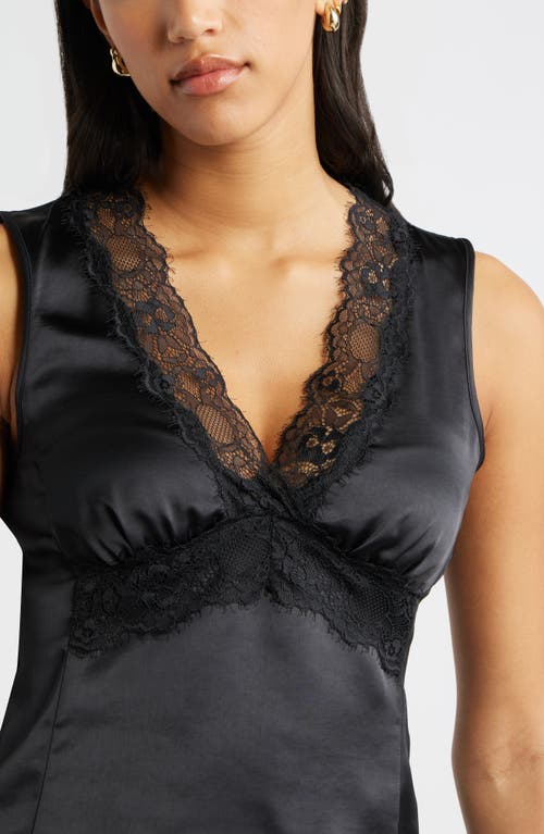 Open Edit Lace Trim Satin Tank In Black