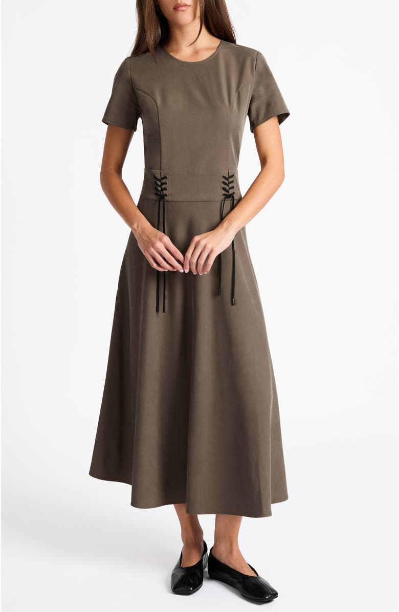 Santorelli Octavia Short Sleeve Dress with Leather Lacing Detail, Alternate, color, Sahara