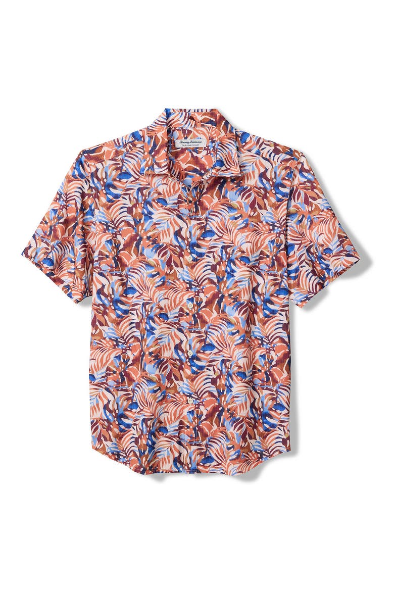 Bahama Coast Royal Palms Leaf Print IslandZone® Short Sleeve Button-Up Shirt, Main, color, MAJORCA