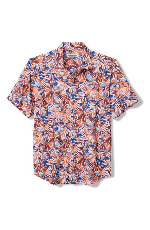 Bahama Coast Royal Palms Leaf Print IslandZone® Short Sleeve Button-Up Shirt