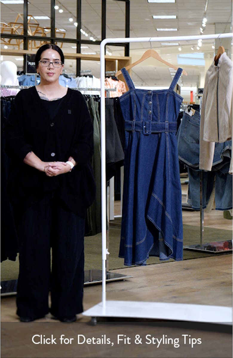 Larsa Belted Sleeveless Asymmetric Denim Midi Dress, sales video thumbnail