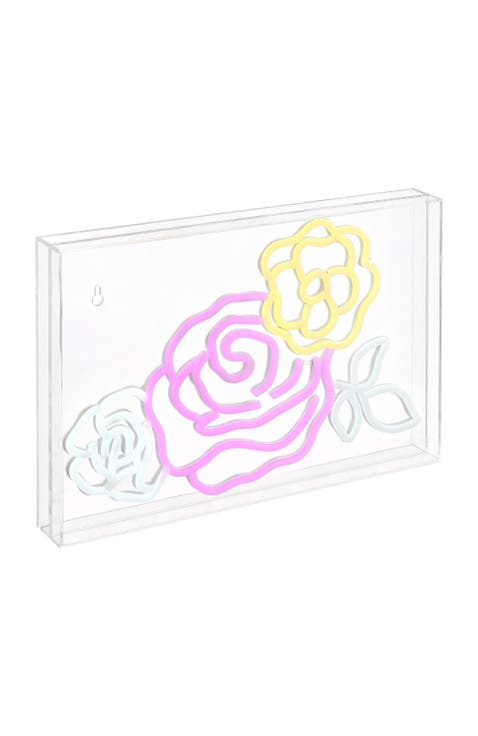 Crowd Of Roses 15" X 10.3" Contemporary Glam Acrylic Box USB Operated LED Neon Light, Pink/White/Yellow