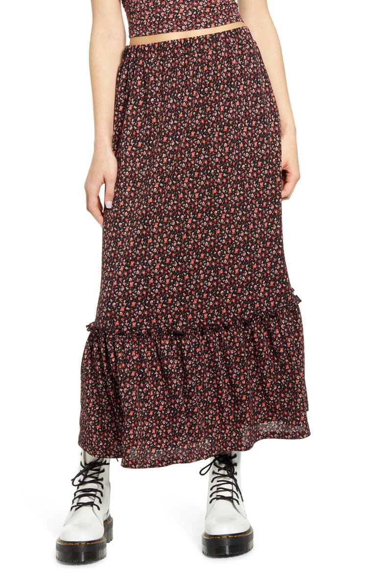 Pella Tiered Maxi Skirt, Main, color, BLACK ROUTE DITSY