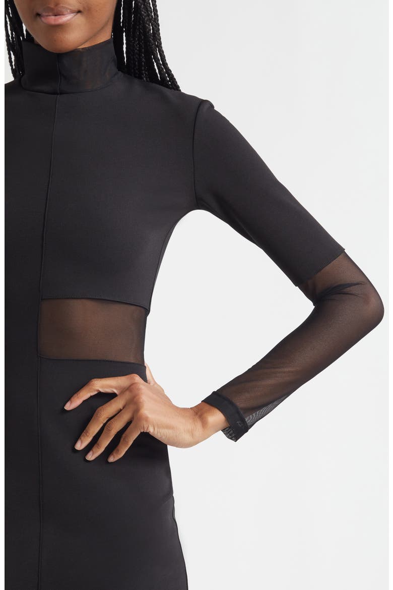 Ezereen Sheer Detail Long Sleeve Midi Dress, Alternate, color, BLACK