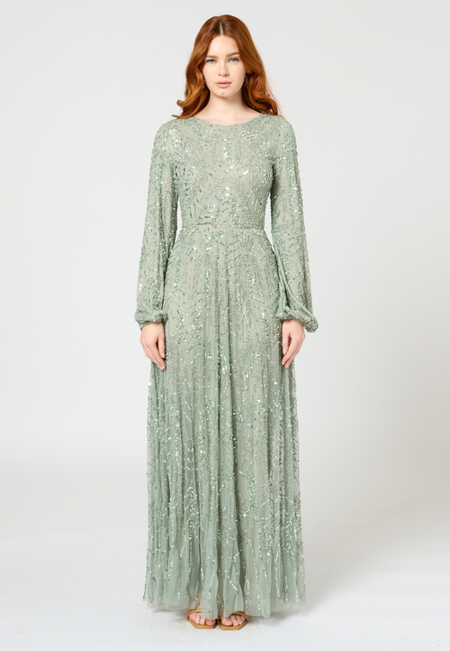 Maryisa Modest Embellished Sequin Beaded Long Maxi Dress