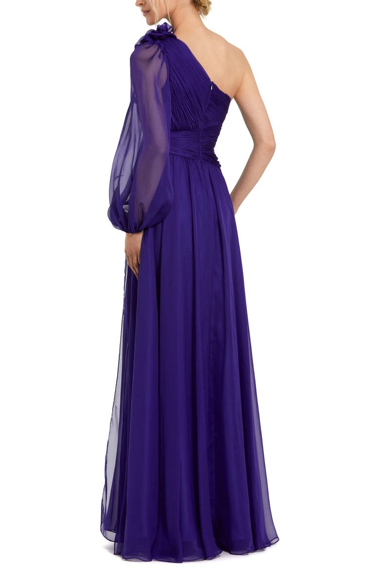 Mac Duggal One Sleeve Ruched Chiffon Gown With 3D Flower, Alternate, color, Indigo