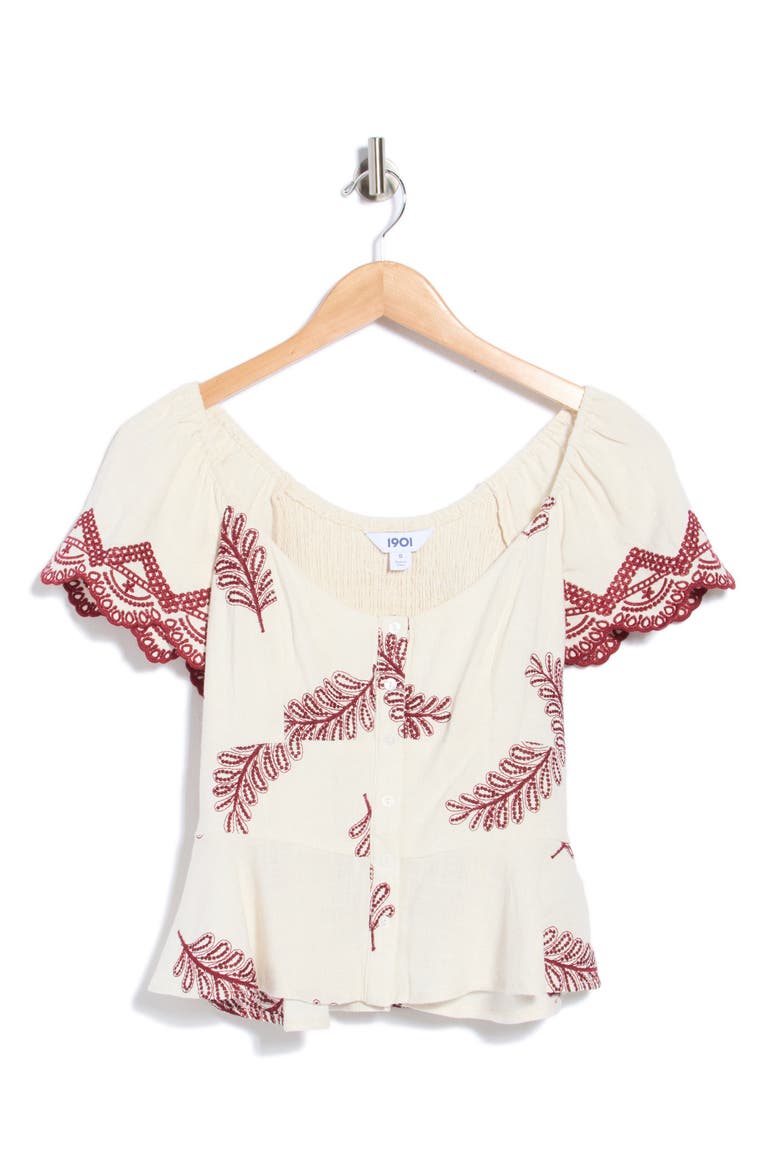 Flutter Sleeve Peplum Top, Alternate, color, IVORY BURGUNDY EMBROIDERY