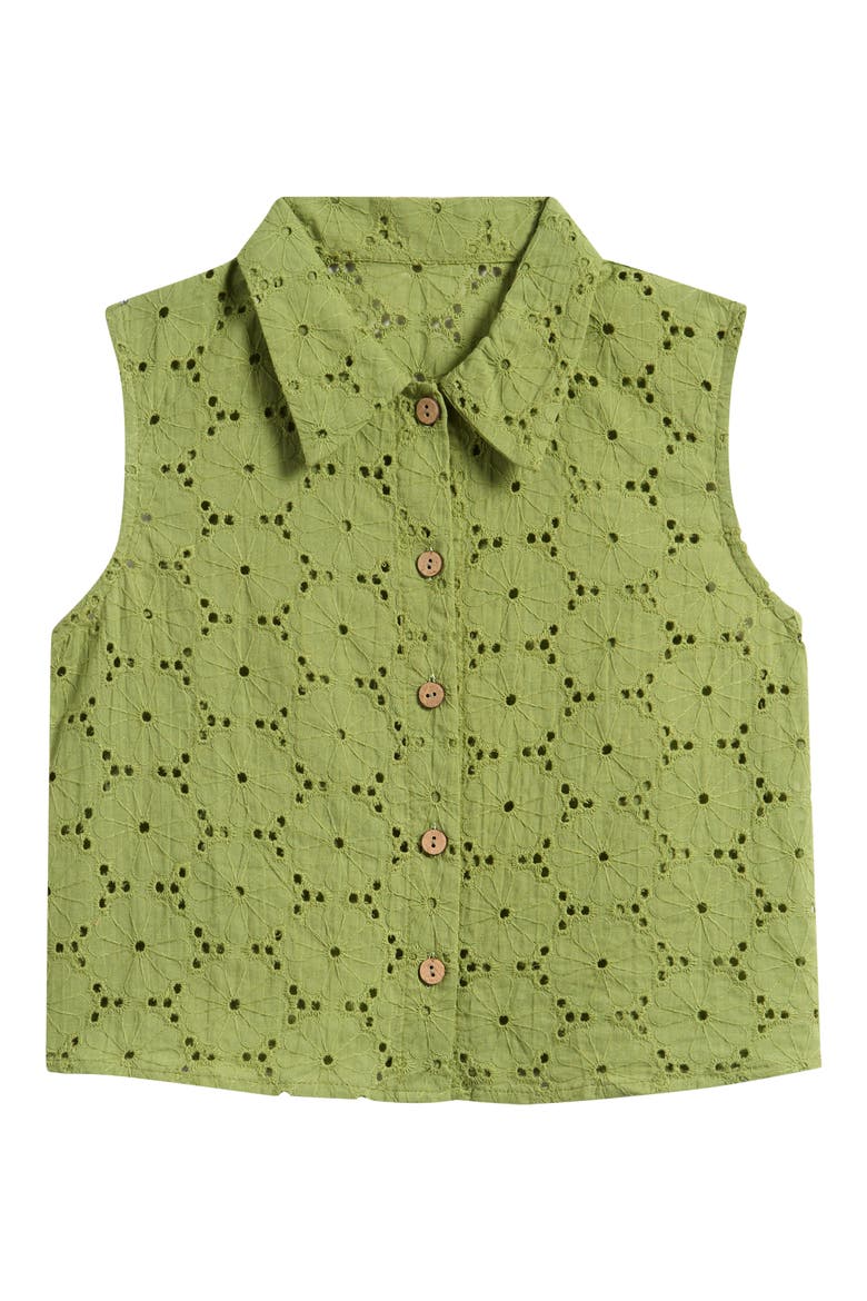 Kids' Sleeveless Cotton Broderie Anglaise Button-Up Shirt, Main, color, LIGHT GREEN
