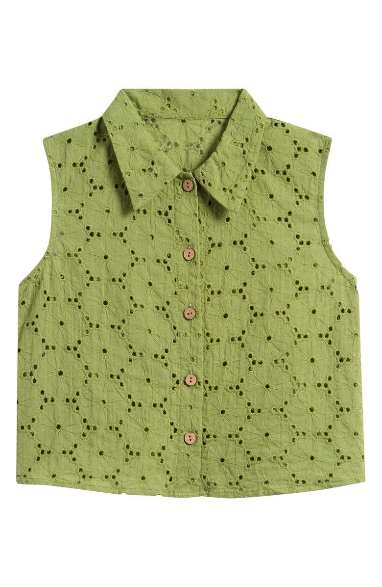 Good Luck Girl Kids' Sleeveless Cotton Broderie Anglaise Button-Up Shirt, Main, color, Light Green