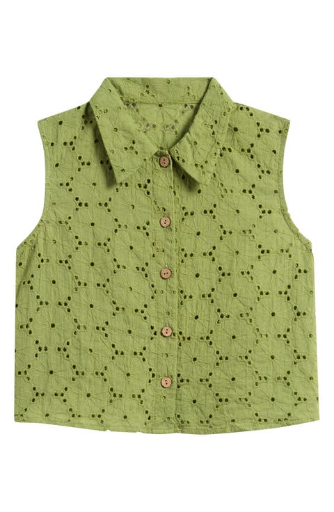 Kids' Sleeveless Cotton Broderie Anglaise Button-Up Shirt (Big Kid)