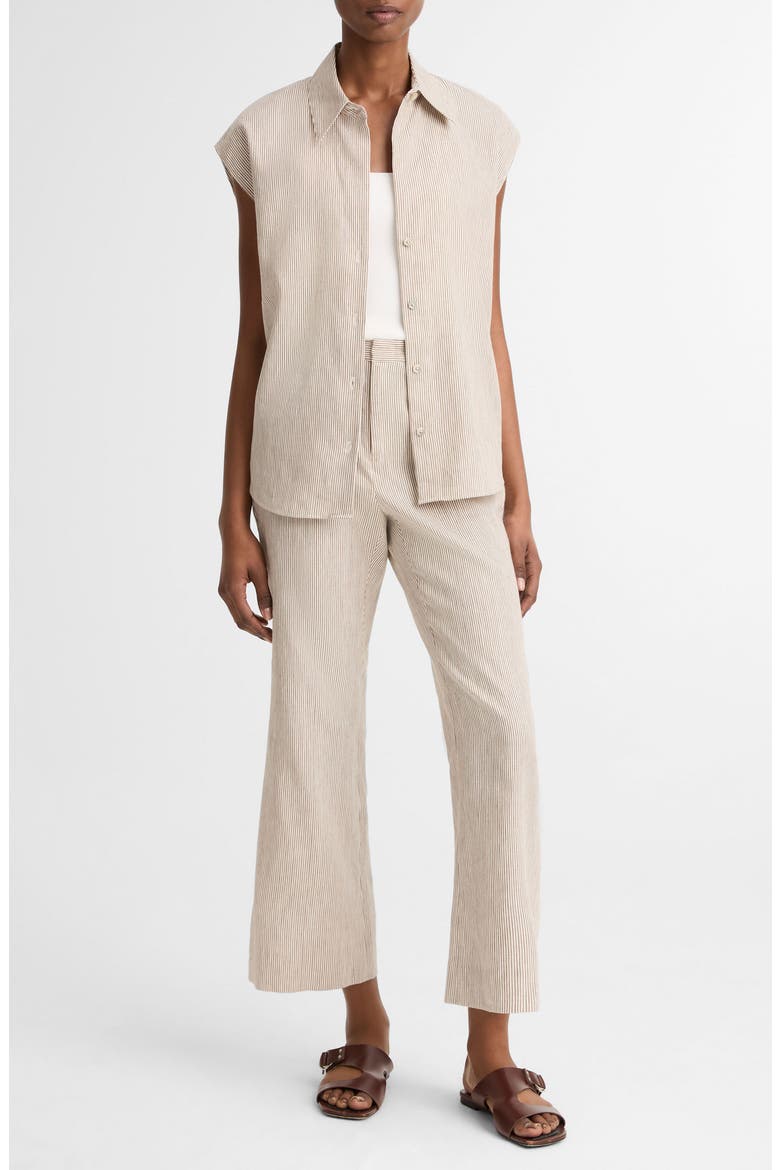 Ticking Stripe Cap Sleeve Linen & Cotton Button-Up Shirt, Alternate, color, TAUPE WOOD