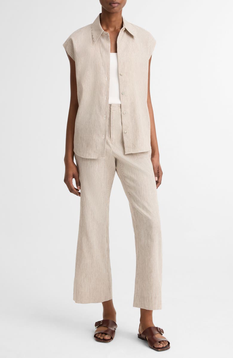 Vince Ticking Stripe Cap Sleeve Linen & Cotton Button-Up Shirt, Alternate, color, Taupe Wood