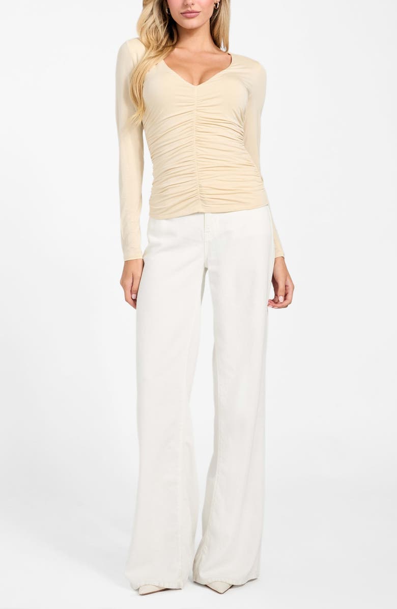 GUESS Ayleen Ruched Long Sleeve Jersey Top, Alternate, color, Beige