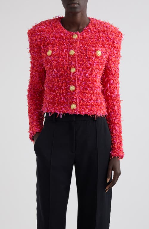 Balmain Crop Sequin Tweed Jacket In Mcw Red/pink